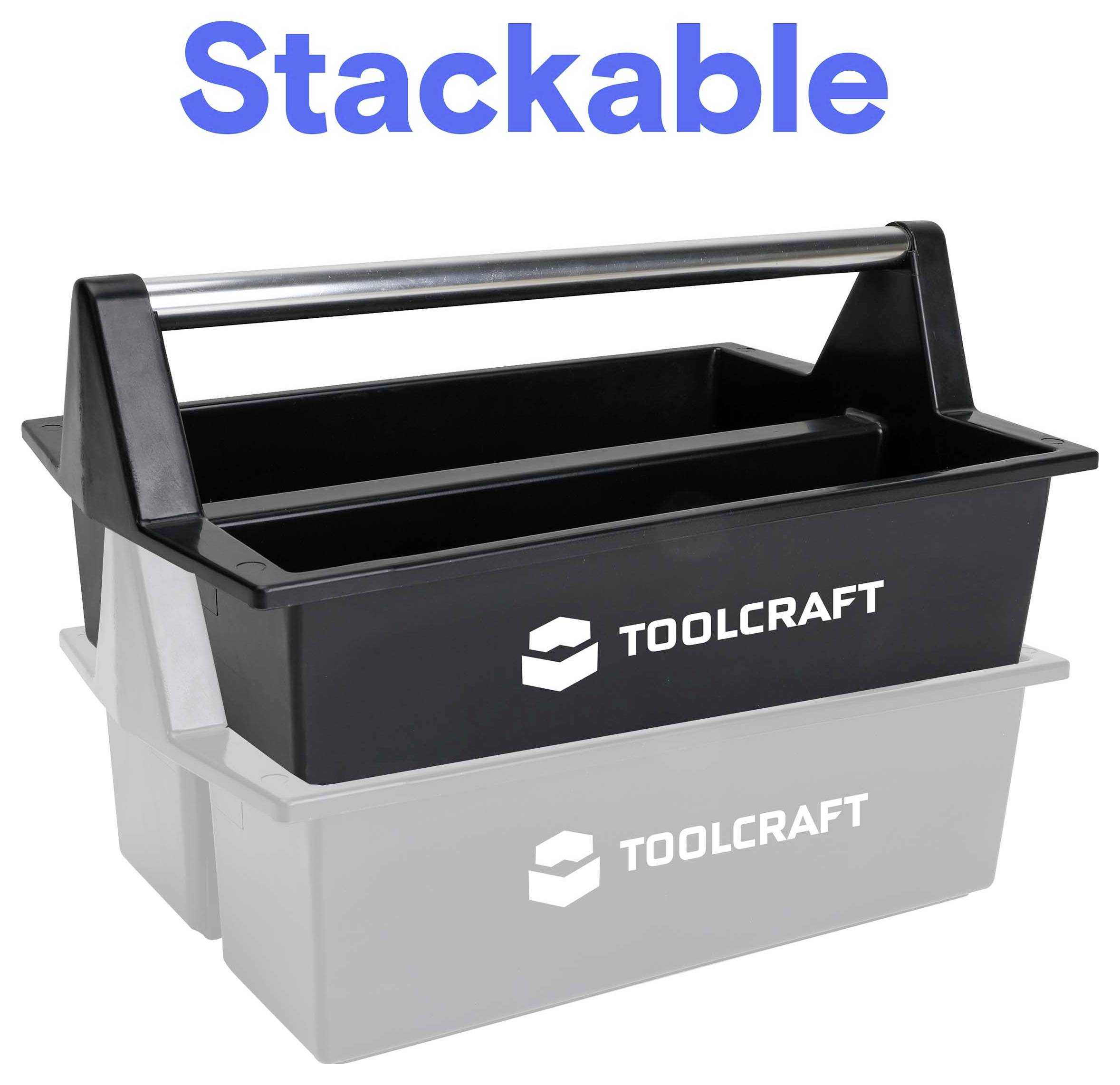 Stackable Toolcraft tool storage bins with handle, shown nested in black over gray.