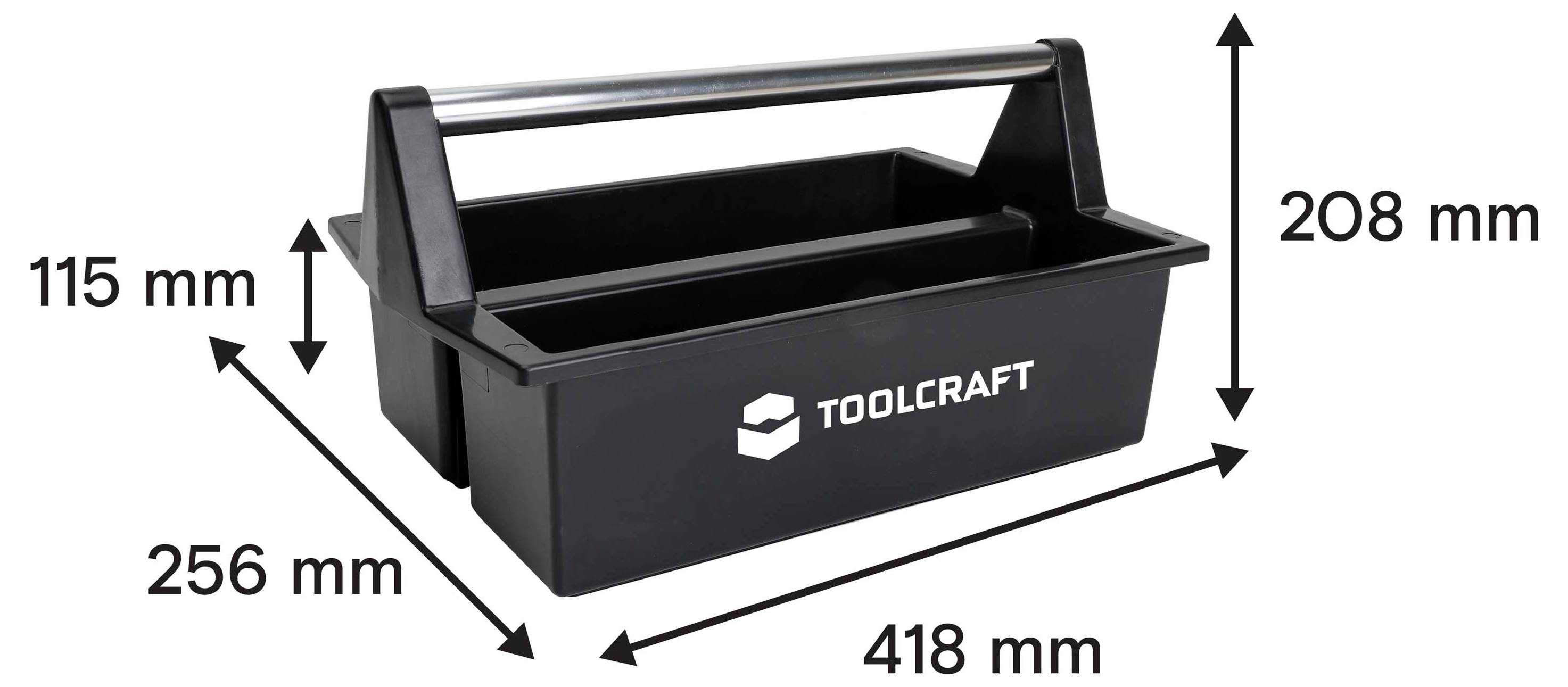 Black Toolcraft open-top storage tote with handle, shown with dimensions labeled 418 mm wide, 256 mm deep, 208 mm high, and 115 mm side height.