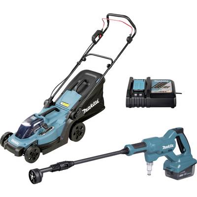 Makita cordless lawn mower, battery charger, and pressure washer arranged on a white background.<br>