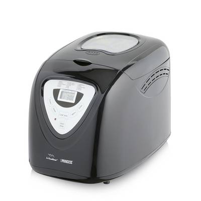 Compact black bread maker with digital display and control panel, shown on a white background.