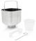 Metal ice cream maker canister with handle, transparent mixing cup, measuring spoon, and metal stirring hook on white background.
