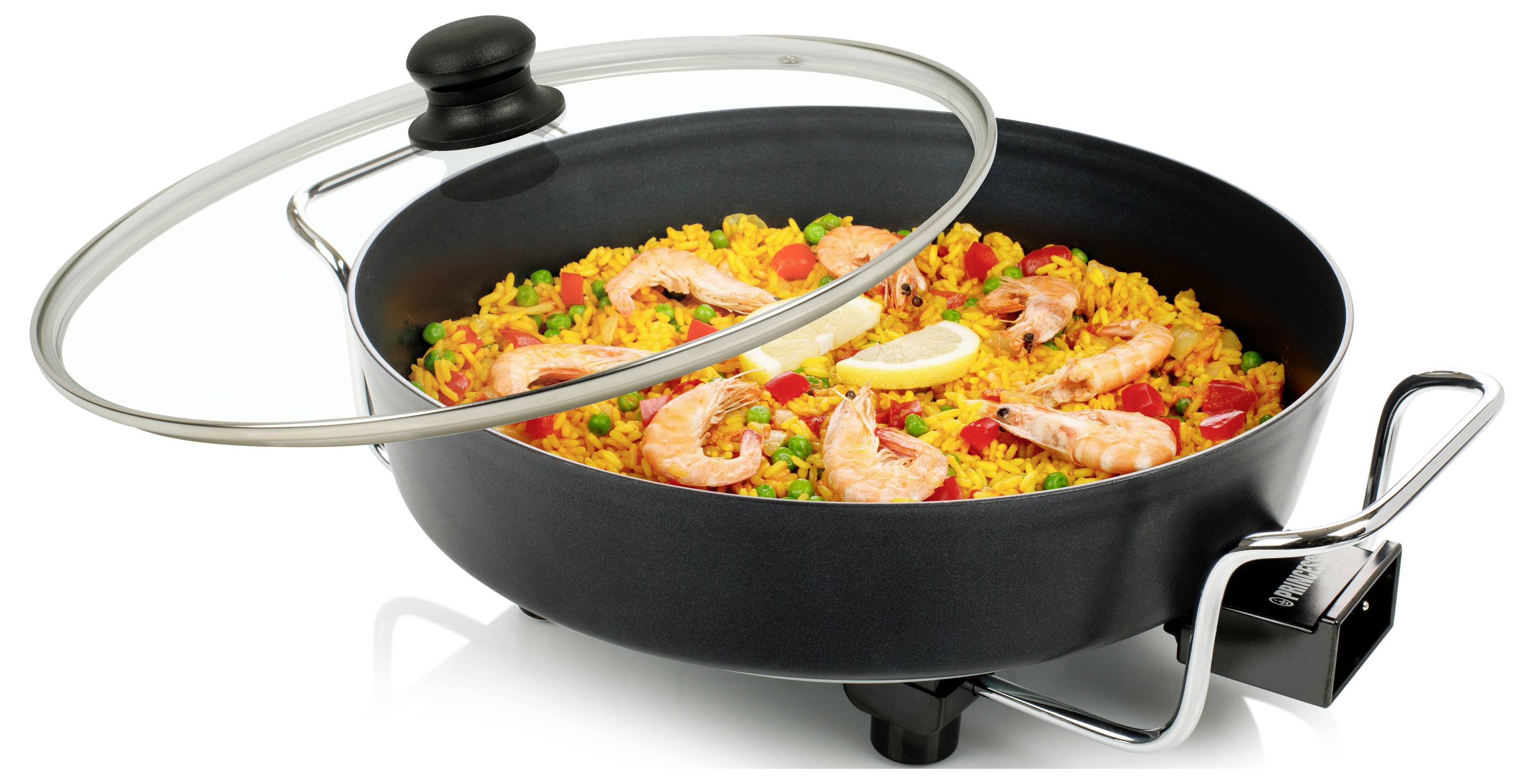 A covered electric skillet holds shrimp paella with rice, vegetables, and lemon slices.