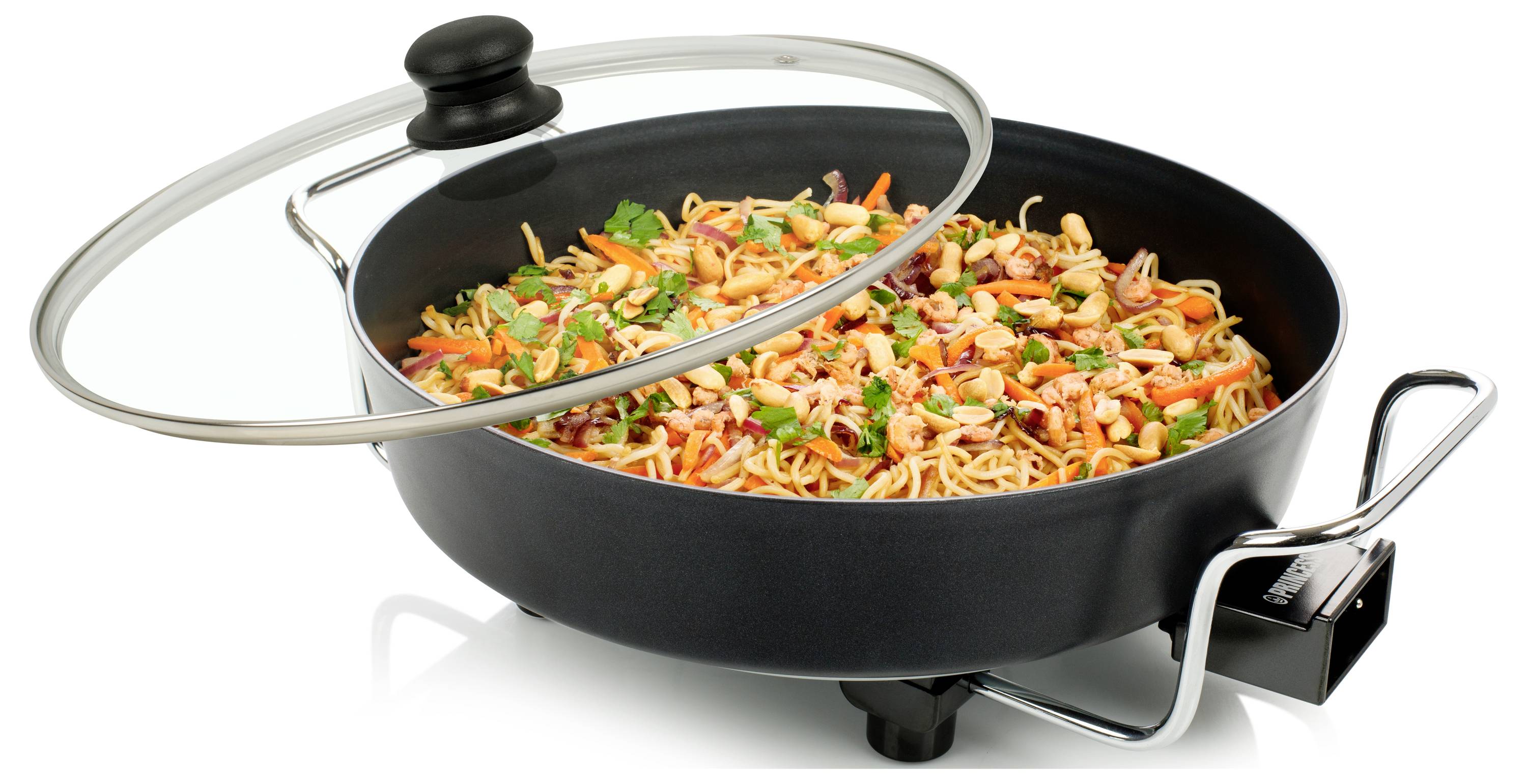 Black electric skillet filled with cooked noodles and vegetables, with a glass lid tilted open.