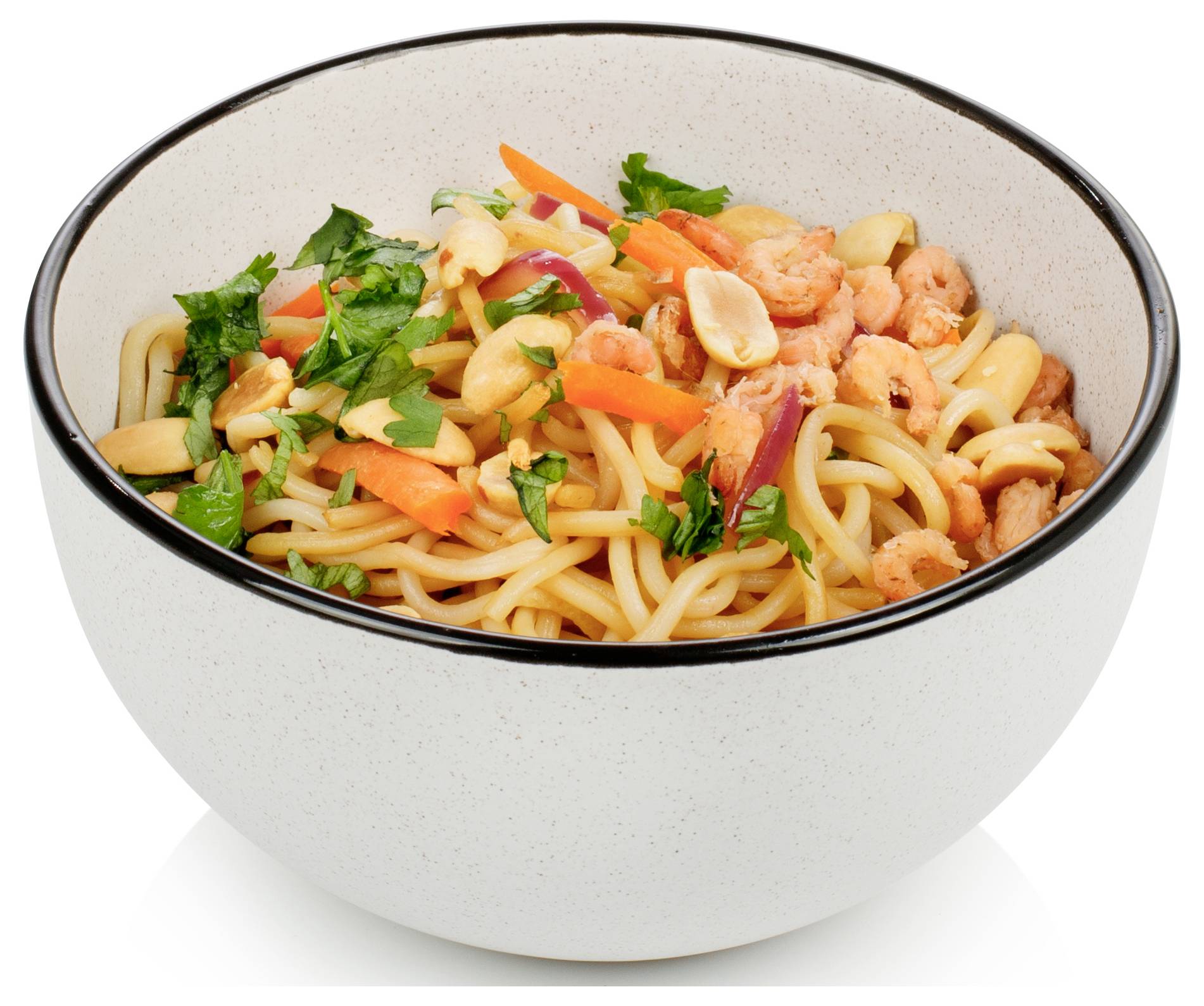 Bowl of udon noodles topped with shrimp, vegetables, and parsley.<br>