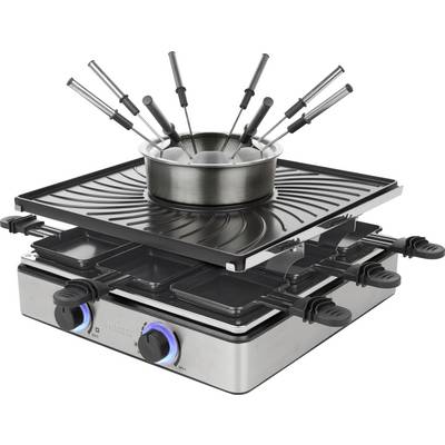 Electric tabletop fondue set with six forks and a pot on a heated grill over multiple serving trays.