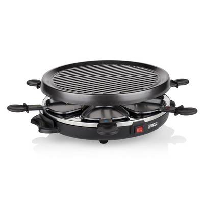 Black electric raclette grill with eight pans around a round ribbed grill plate on a white background.