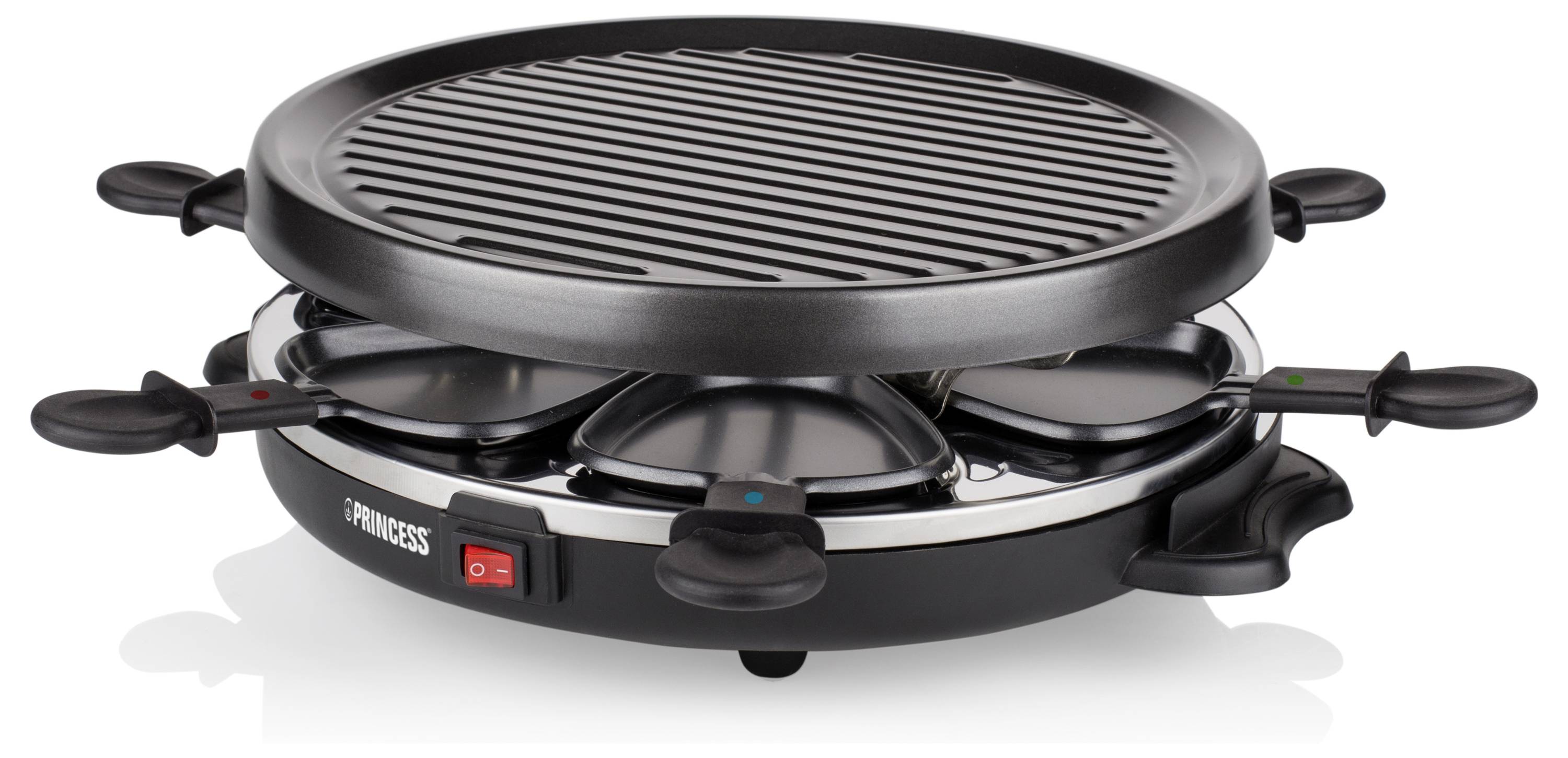 Round electric raclette grill with a central grill plate and six small pans, black design with control dial and red power switch.