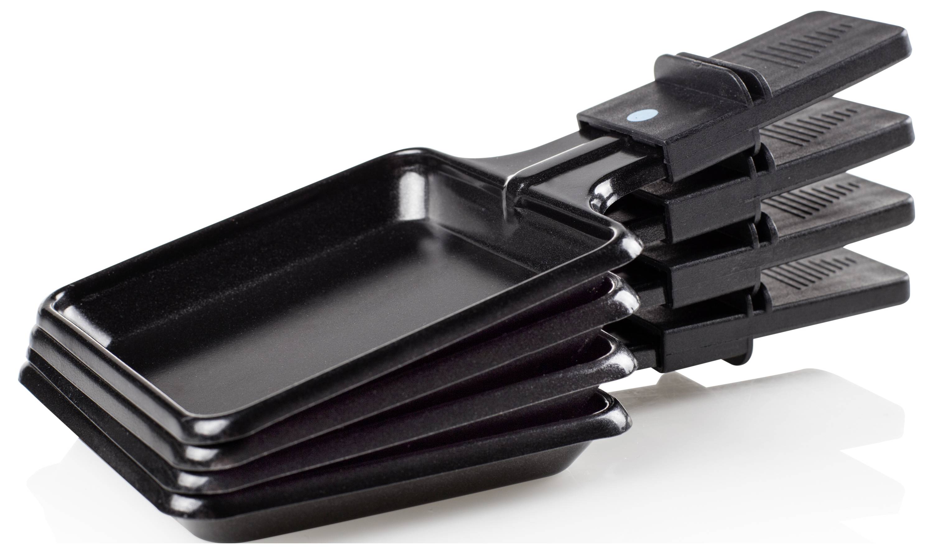 Stacked black plastic serving trays with clip-on handles, shown on a white background.