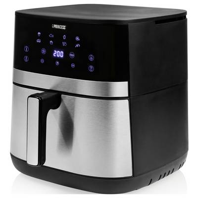 Black and stainless steel air fryer with digital touch controls showing '200' and a front pull-out basket handle.