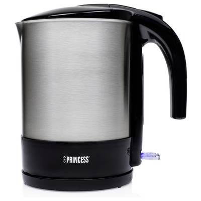 Stainless steel electric kettle with black handle and base, shown on a white background.
