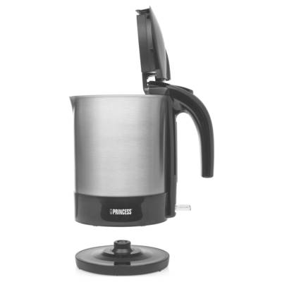 Stainless steel electric kettle with black handle, open lid, and separate round base shown on a white background.<br>