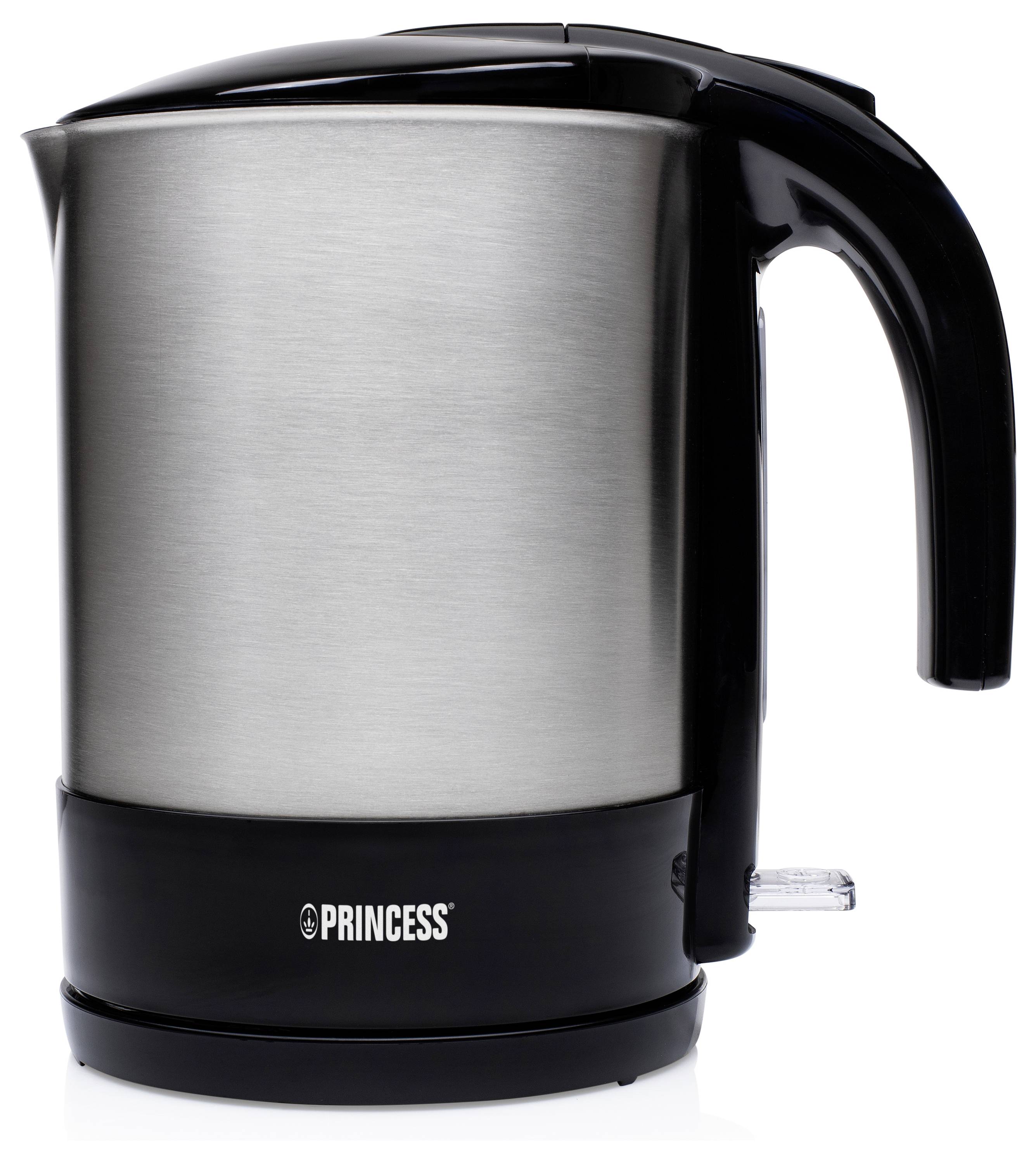 Stainless steel electric kettle with black handle and base, branded Princess, shown on a white background.