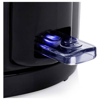 Close-up of a black device with a transparent blue-lit USB flash drive plugged into a side port.