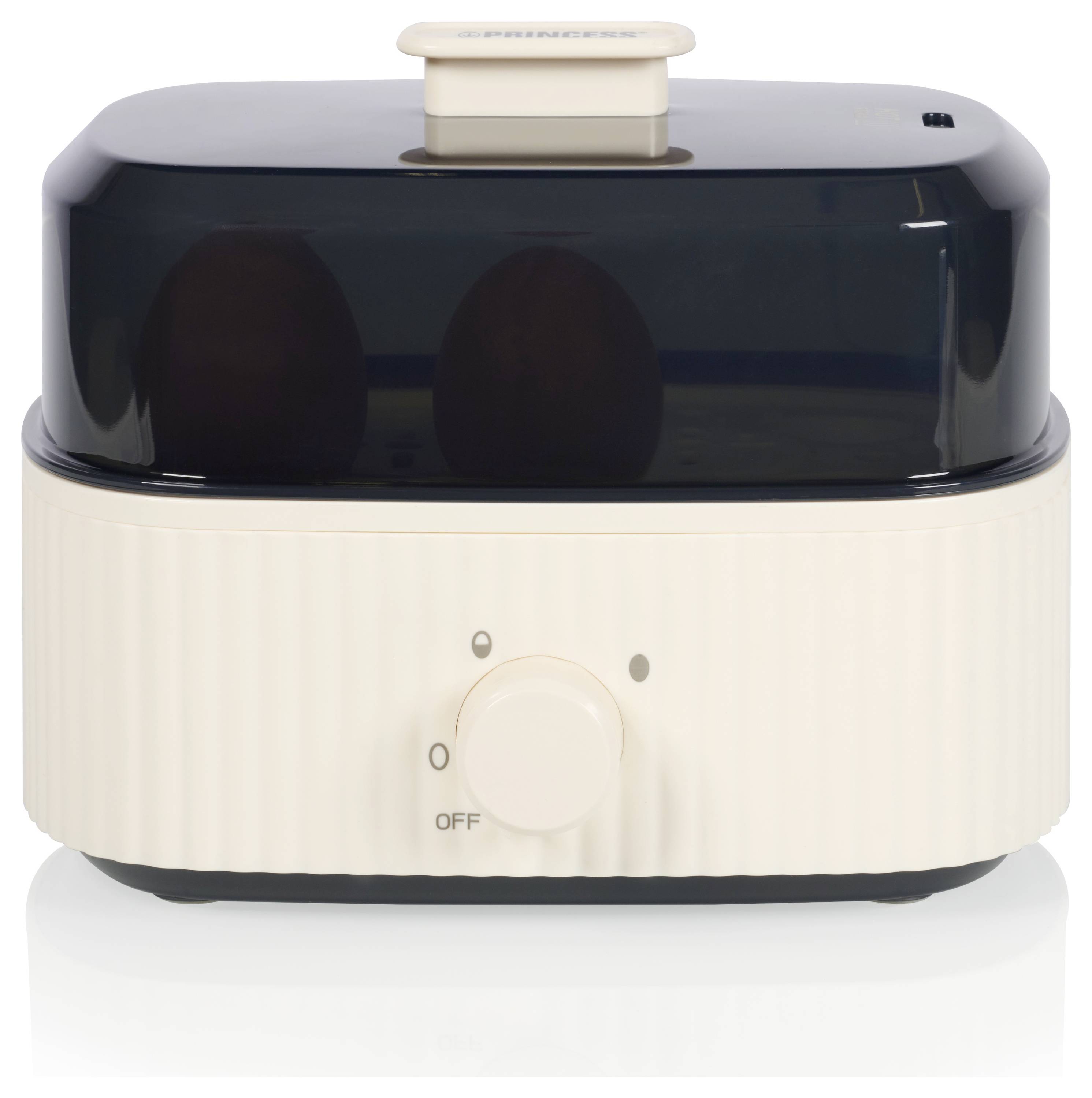 Compact black-and-cream countertop appliance with a front dial set to 'OFF' and a top handle, shown on a white background.