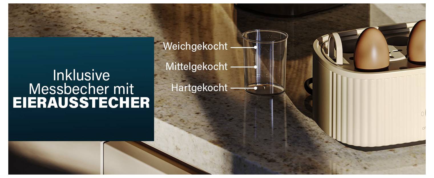 Product promo for an inclusive egg cooker with measuring cup and egg piercer; labels show 'Weichgekocht', 'Mittelgekocht', and 'Hartgekocht'.