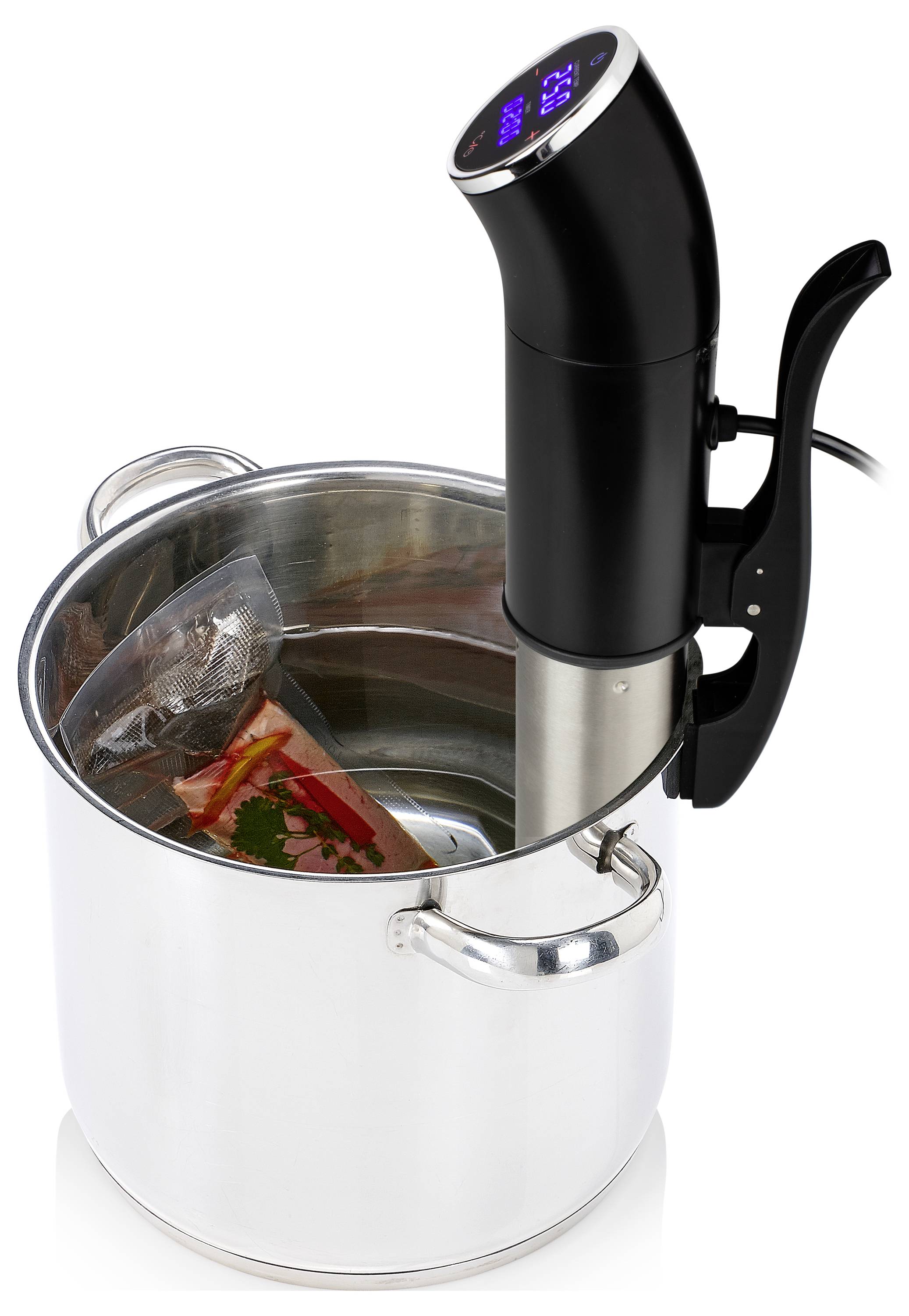 Immersion circulator clipped to a stainless steel pot, heating water with a sealed food bag inside for sous vide cooking.