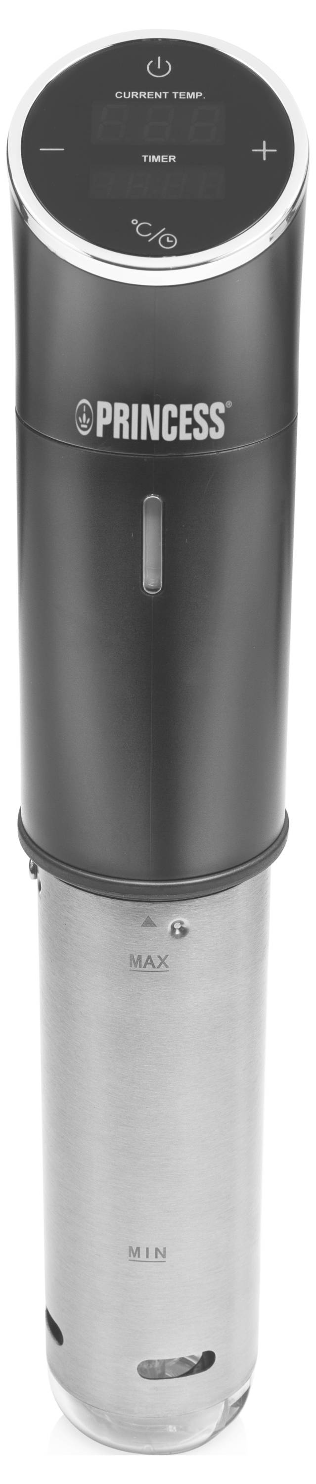 Black-and-silver Princess handheld device with a top power and plus/minus controls, a central level window, and MAX/MIN markings on the lower section.