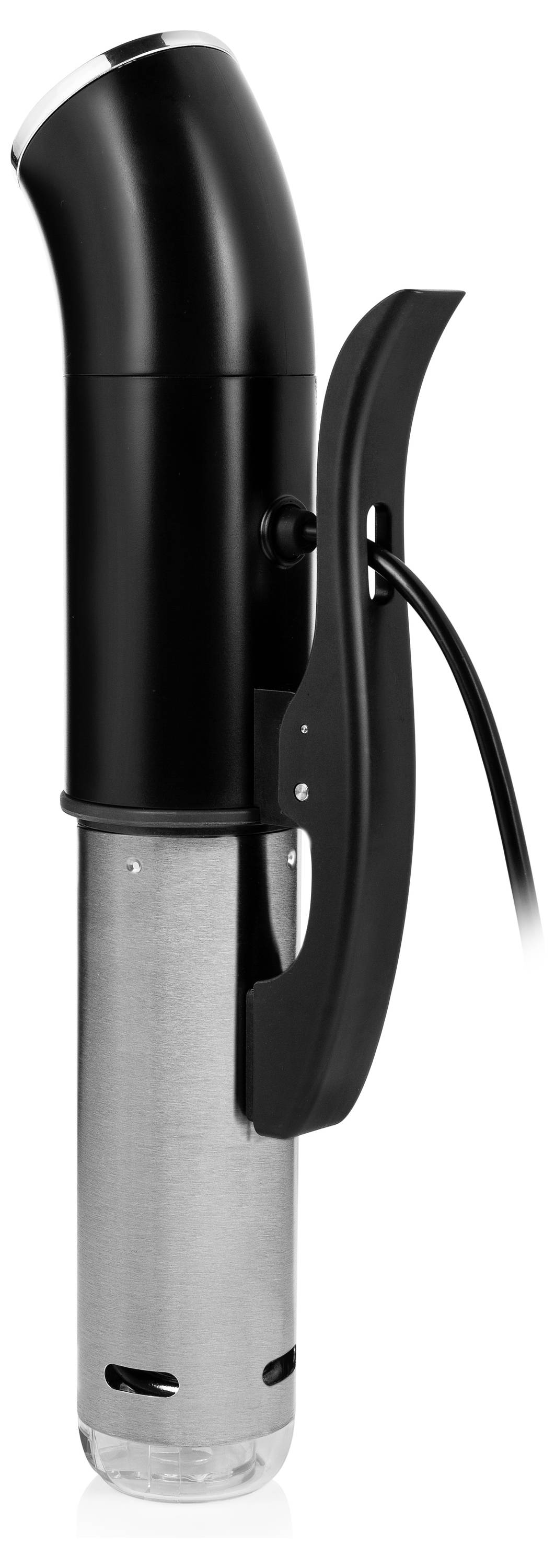 Black and silver handheld immersion blender with curved handle and attached power cord, shown upright on a white background.