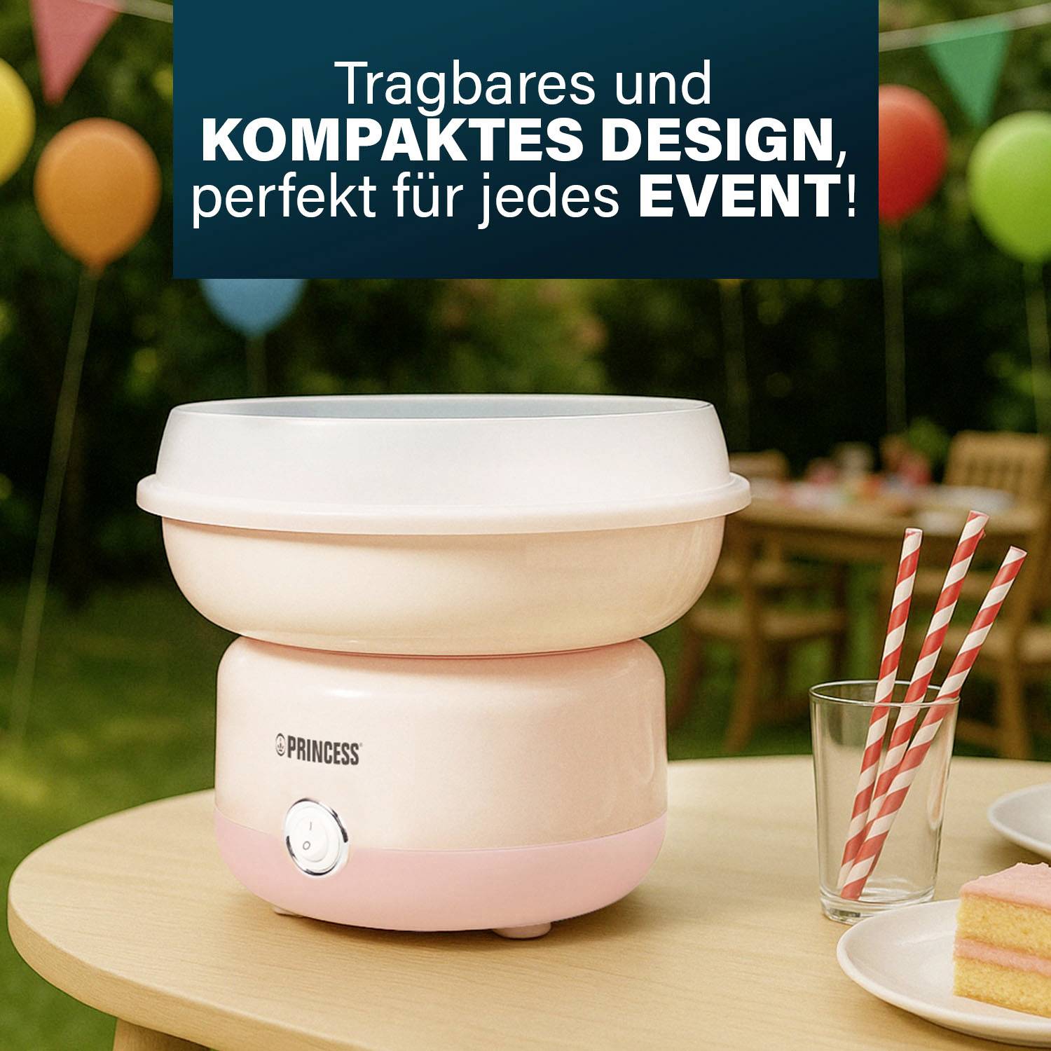 Portable pink-and-white cotton candy machine on a table, with German text saying 'Tragbares und KOMPAKTES DESIGN, perfekt für jedes EVENT!'