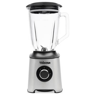 Stainless steel Tristar countertop blender with glass pitcher, black lid, handle, and dial control.