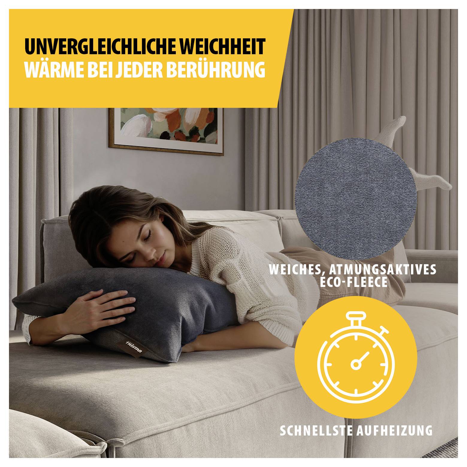 Advertising photograph of a woman sitting on a sofa, hugging a dark cushion; text reads 'INCOMPARABLE SOFTNESS', 'WARMTH WITH EVERY TOUCH', 'SOFT, BREATHABLE ECO-FLEECE' and 'FASTEST HEAT-UP'.