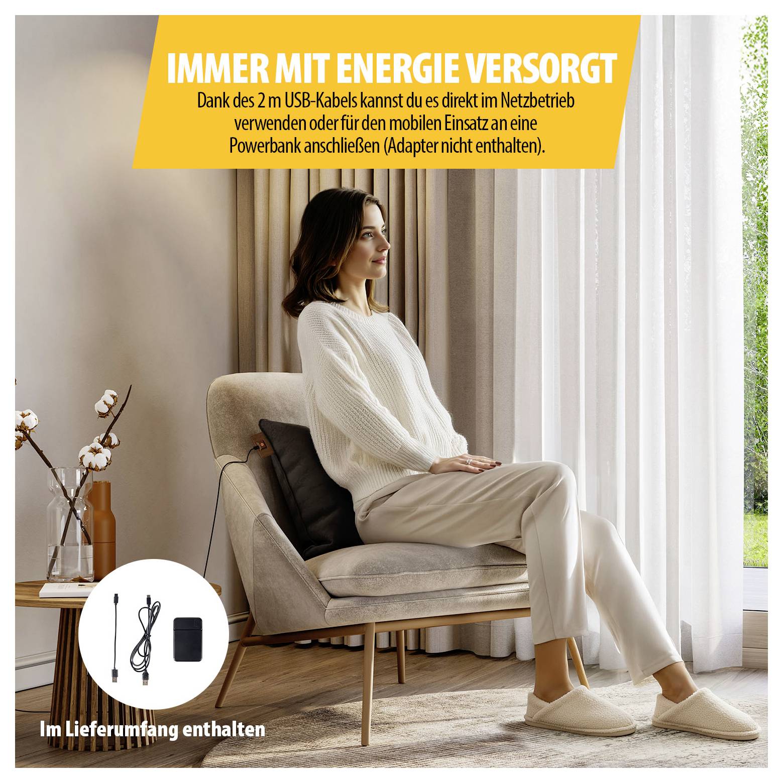 Woman sitting relaxed in an armchair and using a 2-m USB cable; note: 'Always powered' and 'Included in delivery' with cable and power bank symbol.
