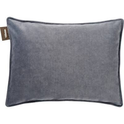 Gray rectangular throw pillow with dark trim and a small fabric brand tag on the left edge, shown on a white background.