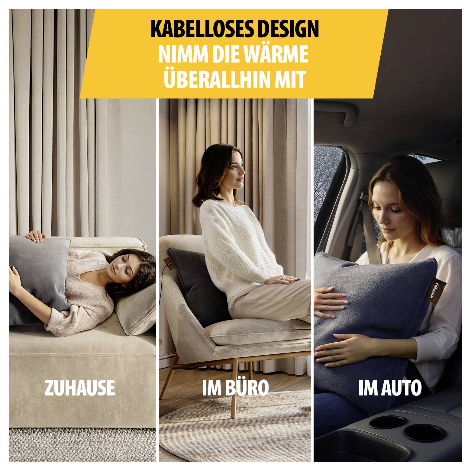 Advertising collage: wireless heating pad for home, office and car, with the labels 'At home', 'In the office' and 'In the car'.