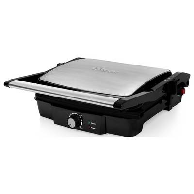 Closed electric sandwich press or panini grill with stainless steel lid, black base, temperature dial, and ready/preheat indicator lights.