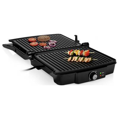Black electric tabletop grill with two hinged cooking plates grilling a burger patty, tomato, onion rings, skewers, and shrimp.
