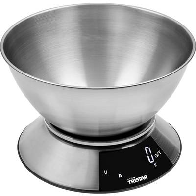 Stainless steel kitchen scale with a large mixing bowl and digital display on the base.