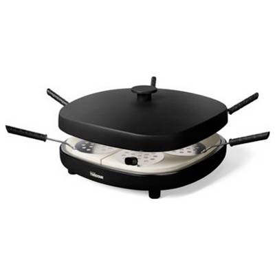 Electric raclette grill with a black lid and eight cooking handles surrounding a round base.