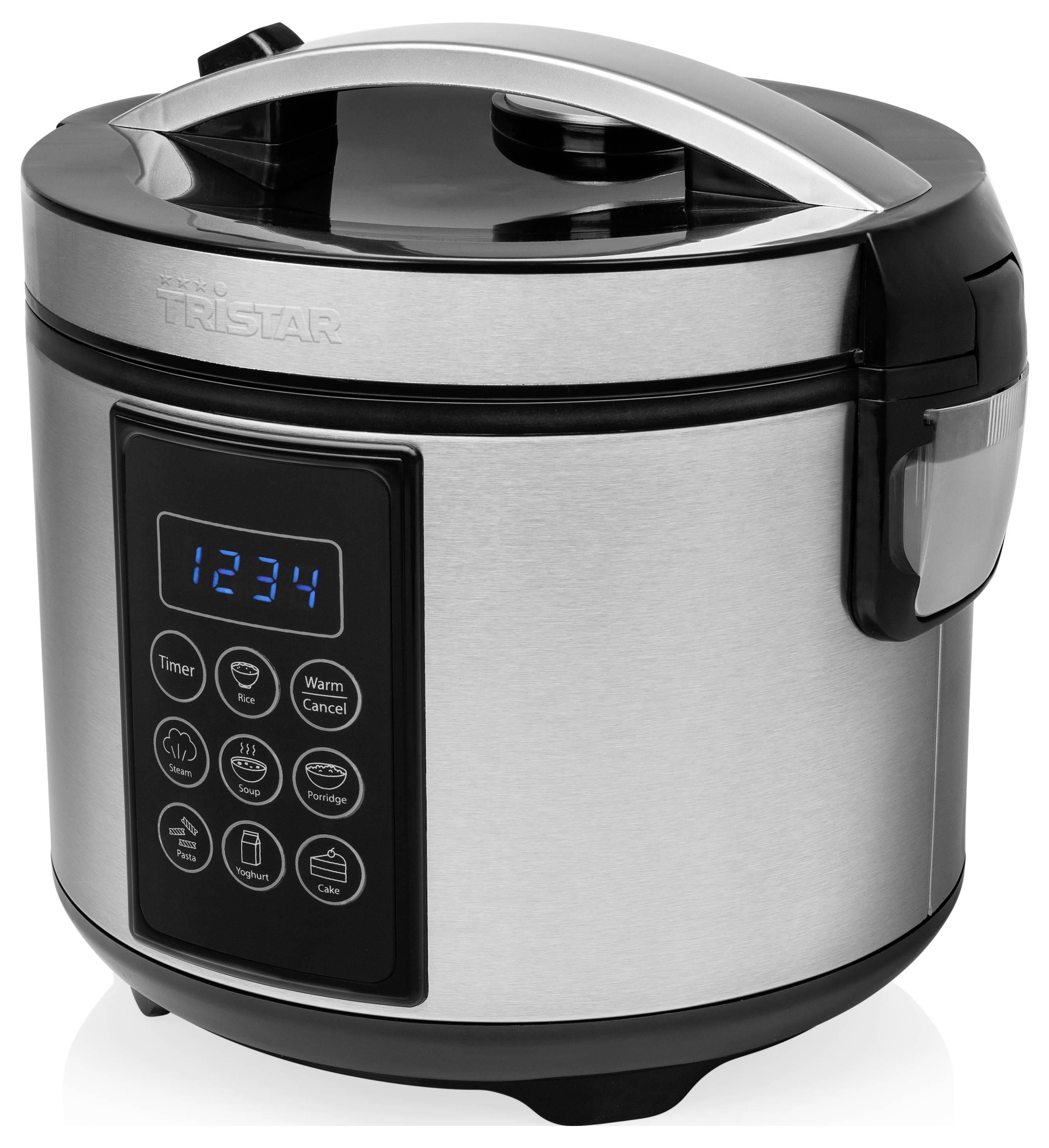 Stainless steel Tristar rice cooker with digital display and control panel, shown in a studio product view.