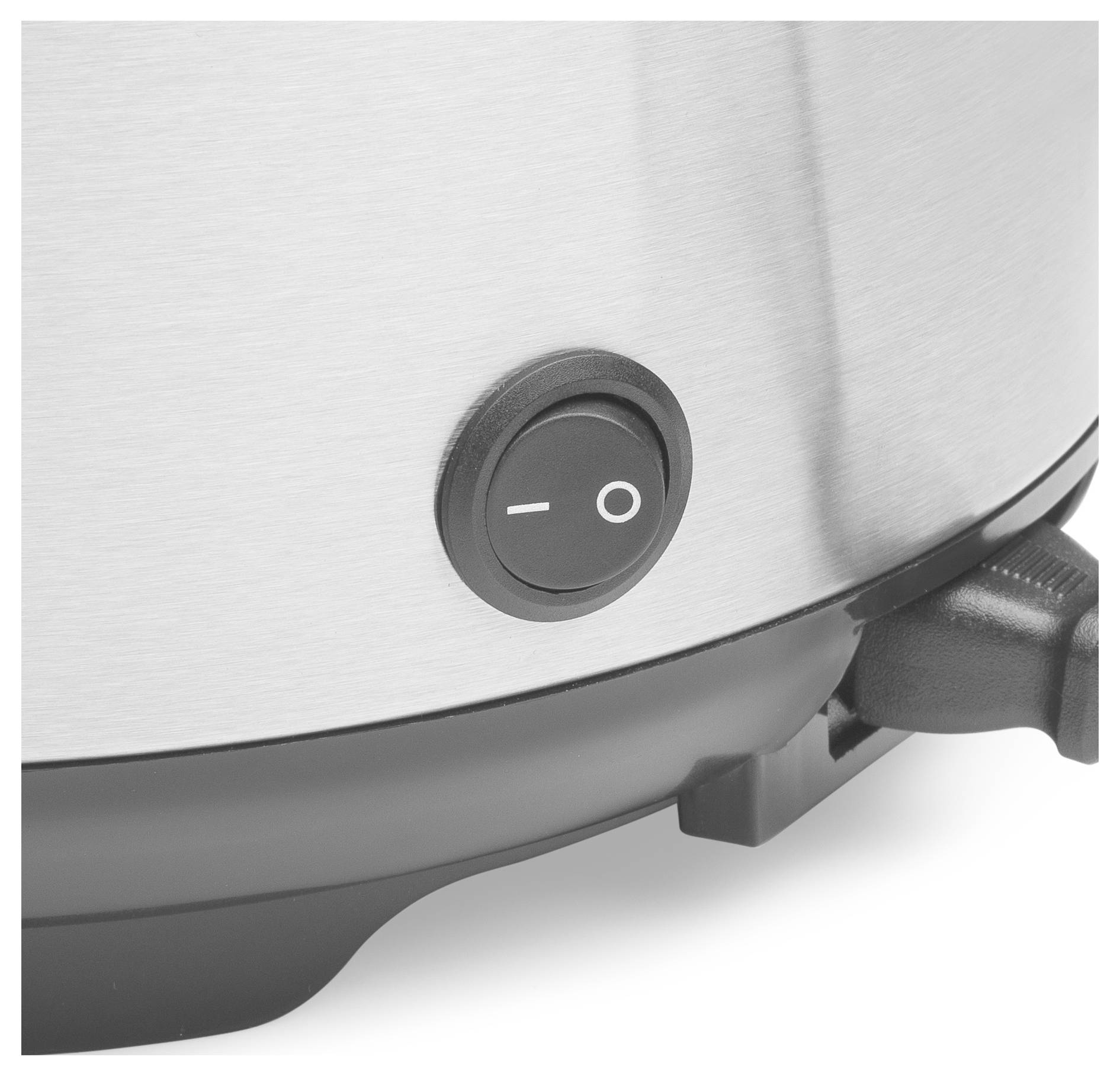 Close-up of a stainless steel appliance base with a circular on/off rocker switch marked '-' and 'O'.