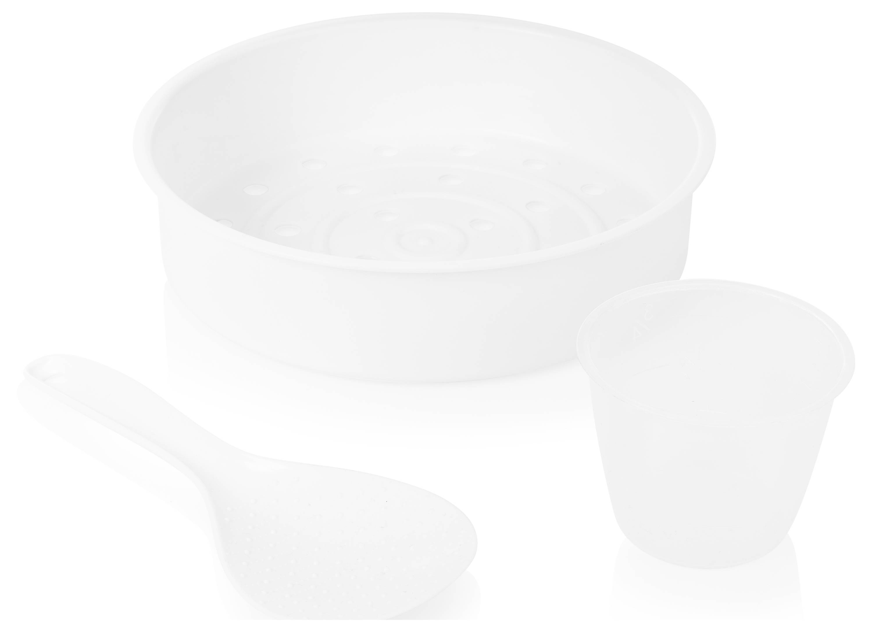 White plastic bowl, cup, and spoon on a white background.