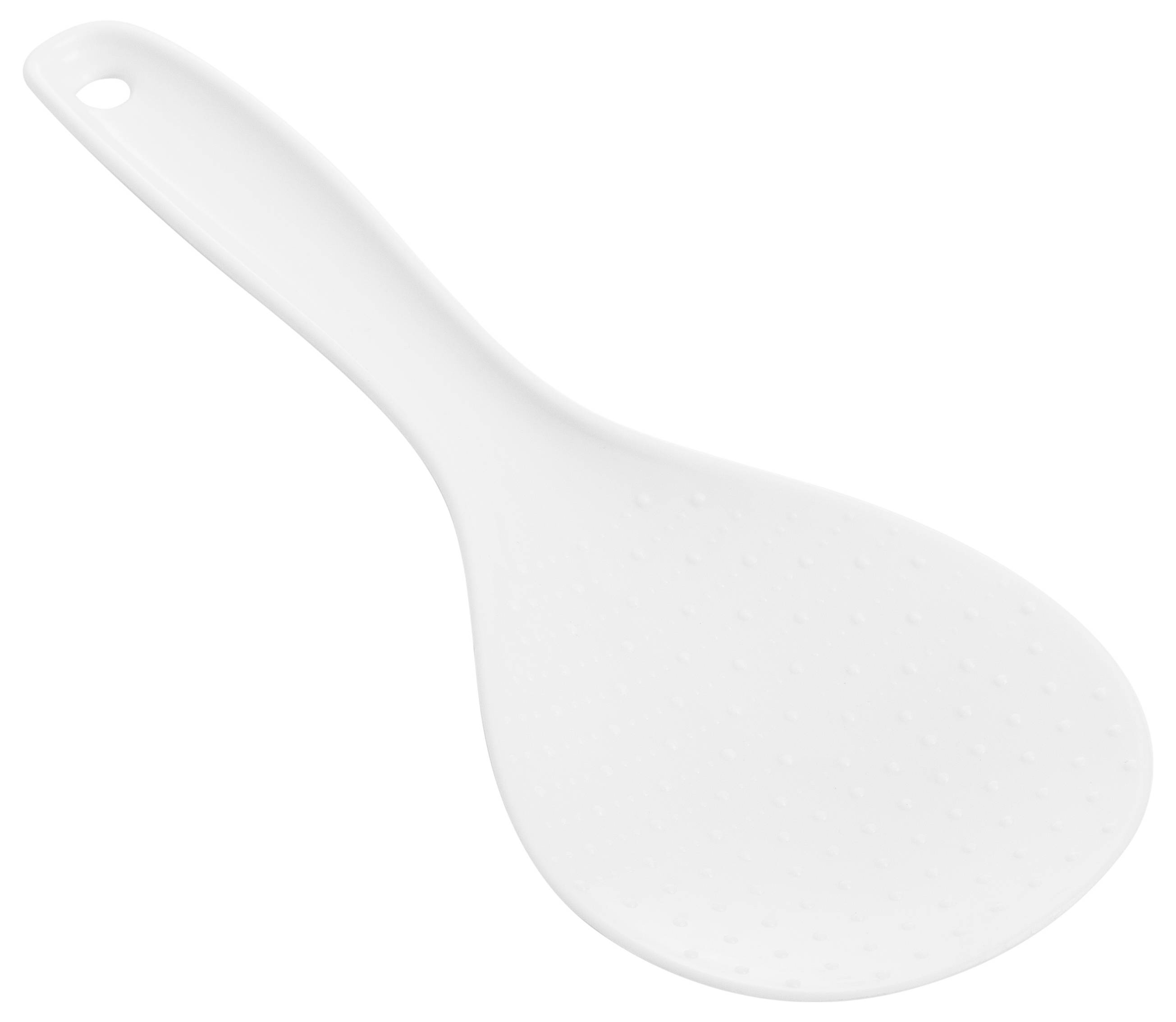 White plastic cooking spoon or ladle with a handle hole, shown on a plain background.
