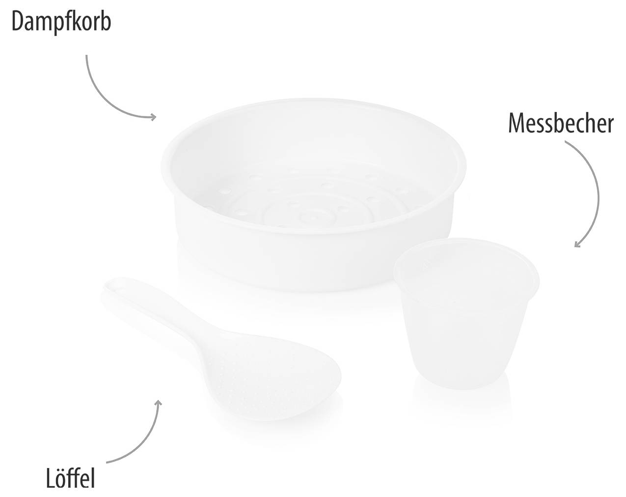 Diagram of a kitchen set showing a steam basket, measuring cup, and spoon labeled in German: 'Dampfkorb', 'Messbecher', and 'Löffel'.