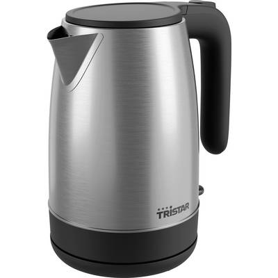 Stainless steel electric kettle with black handle, lid, and base, shown on a white background.