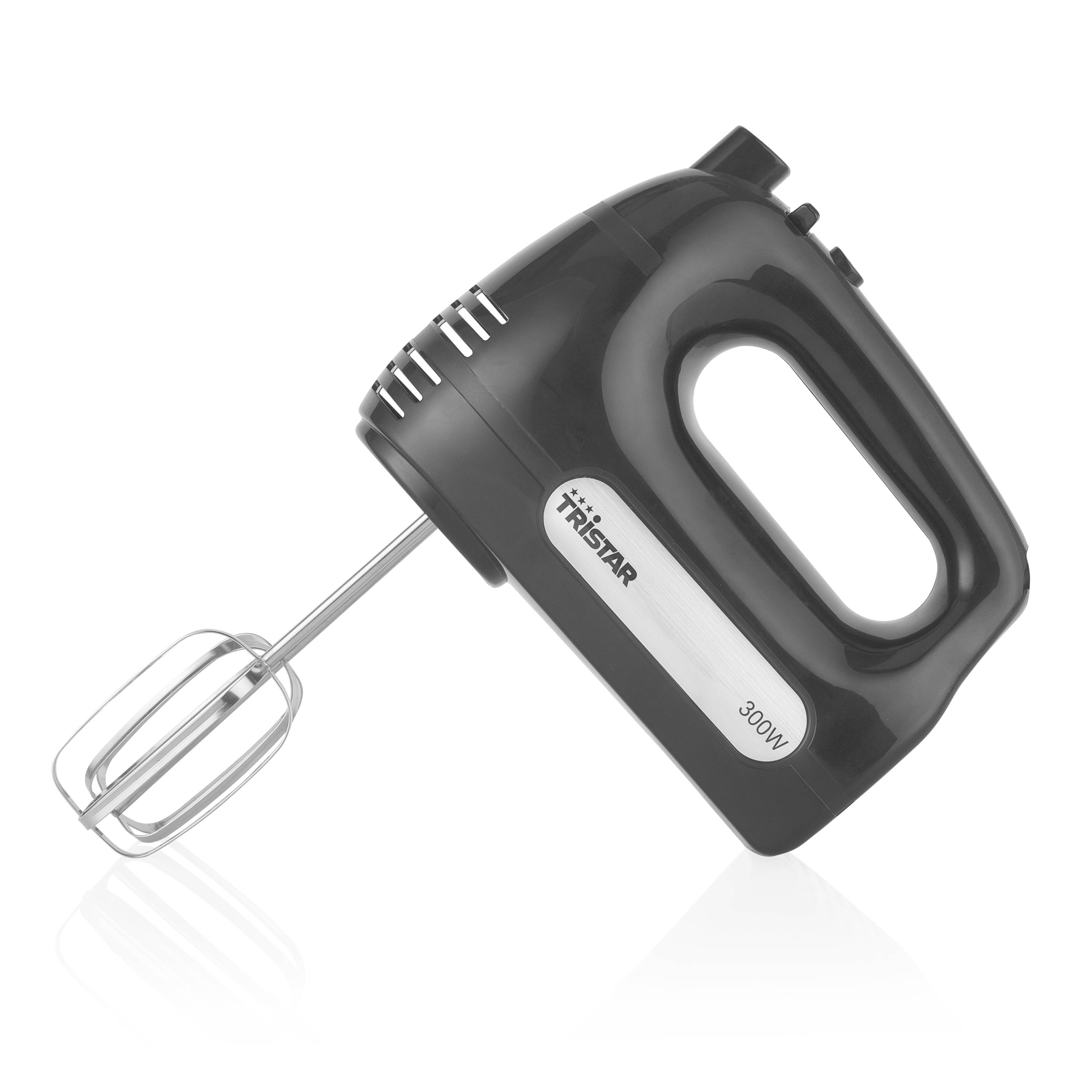 Black Tristar hand mixer with two beaters, labeled 300W, shown on a white background.<br>