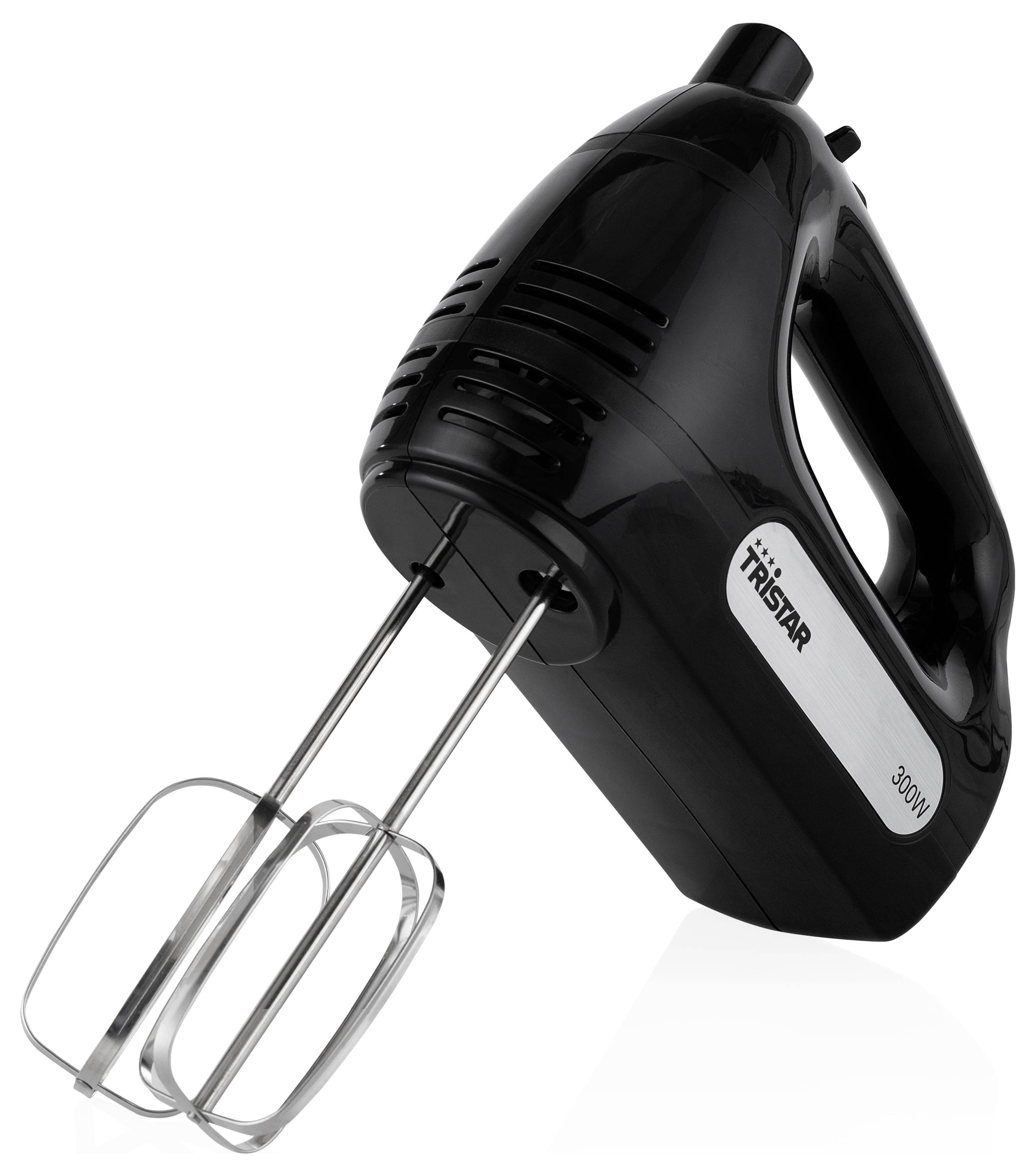 Black Tristar electric hand mixer with two metal beaters on a white background.