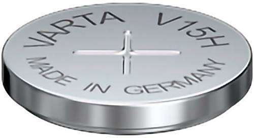 Silver coin cell battery labeled 'VARTA V15H' and 'MADE IN GERMANY' with plus sign on top