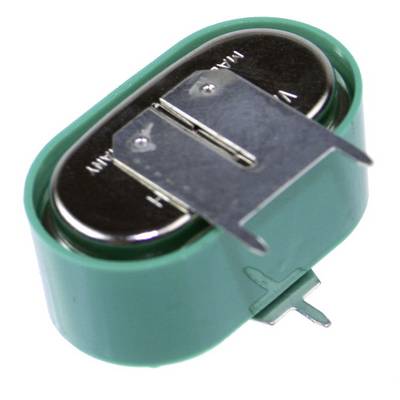Small green coin-cell battery holder with metal contacts and two mounting tabs, shown on a white background.