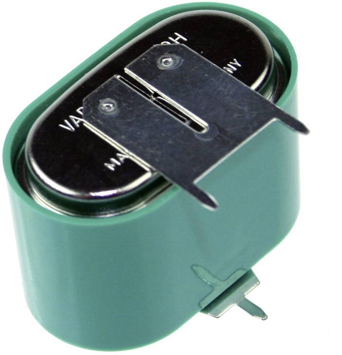 Green cylindrical battery with metal terminals and a top connector, shown isolated on a white background.