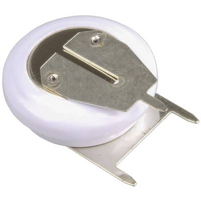 Close-up of a round coin cell battery holder with metal contacts and mounting tabs on a white background.