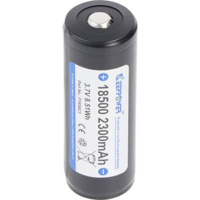 Black cylindrical 18650 lithium-ion rechargeable battery labeled 3.7V 8.51Wh 2300mAh<br>