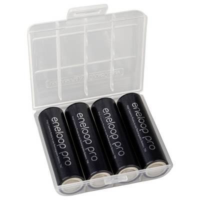 Plastic battery case holding four black Eneloop Pro rechargeable batteries<br>