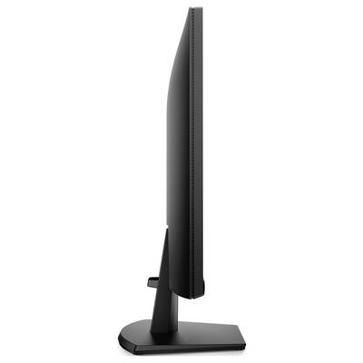 Side view of a black flat-screen monitor on a stand, showing the thin profile and rectangular base.