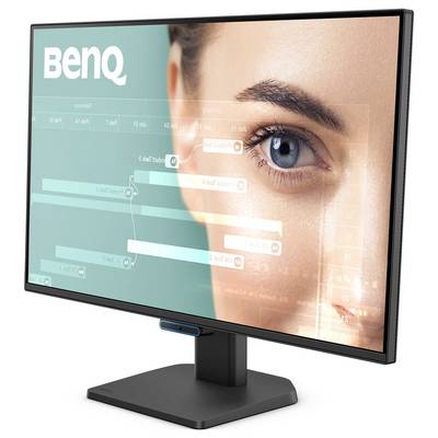 BenQ computer monitor displaying a close-up of a face and eye with translucent interface graphics on the screen.