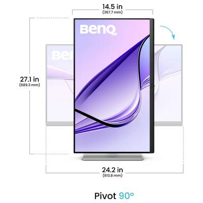 BenQ vertical monitor shown rotating 90 degrees to pivot orientation, with dimensions 14.5 in wide and 27.1 in high.