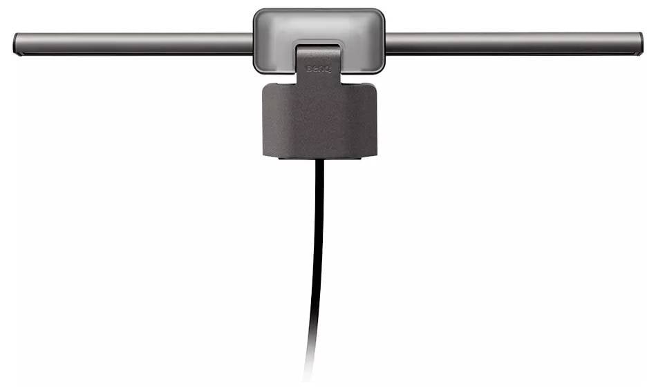 Close-up of a TV antenna mounting bracket clamped to a horizontal metal rod with a black cable hanging down.
